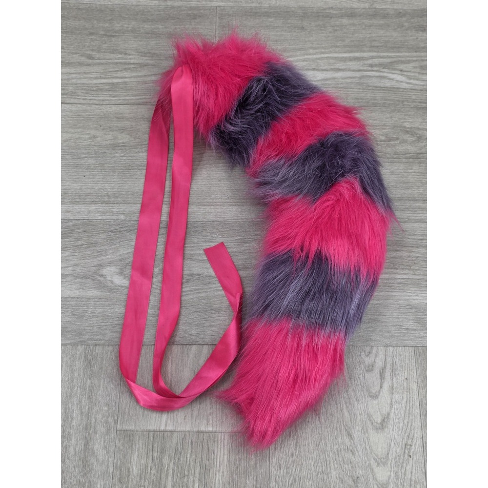 Faux Fur Tail Costume Cosplay Fuchsia Purple Striped Ribbon Tie Adjustable